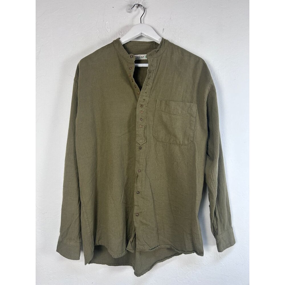 Civilian Mens Olive Green Cotton Linen Button-Up Shirt Medium Long Sleeve Pocket